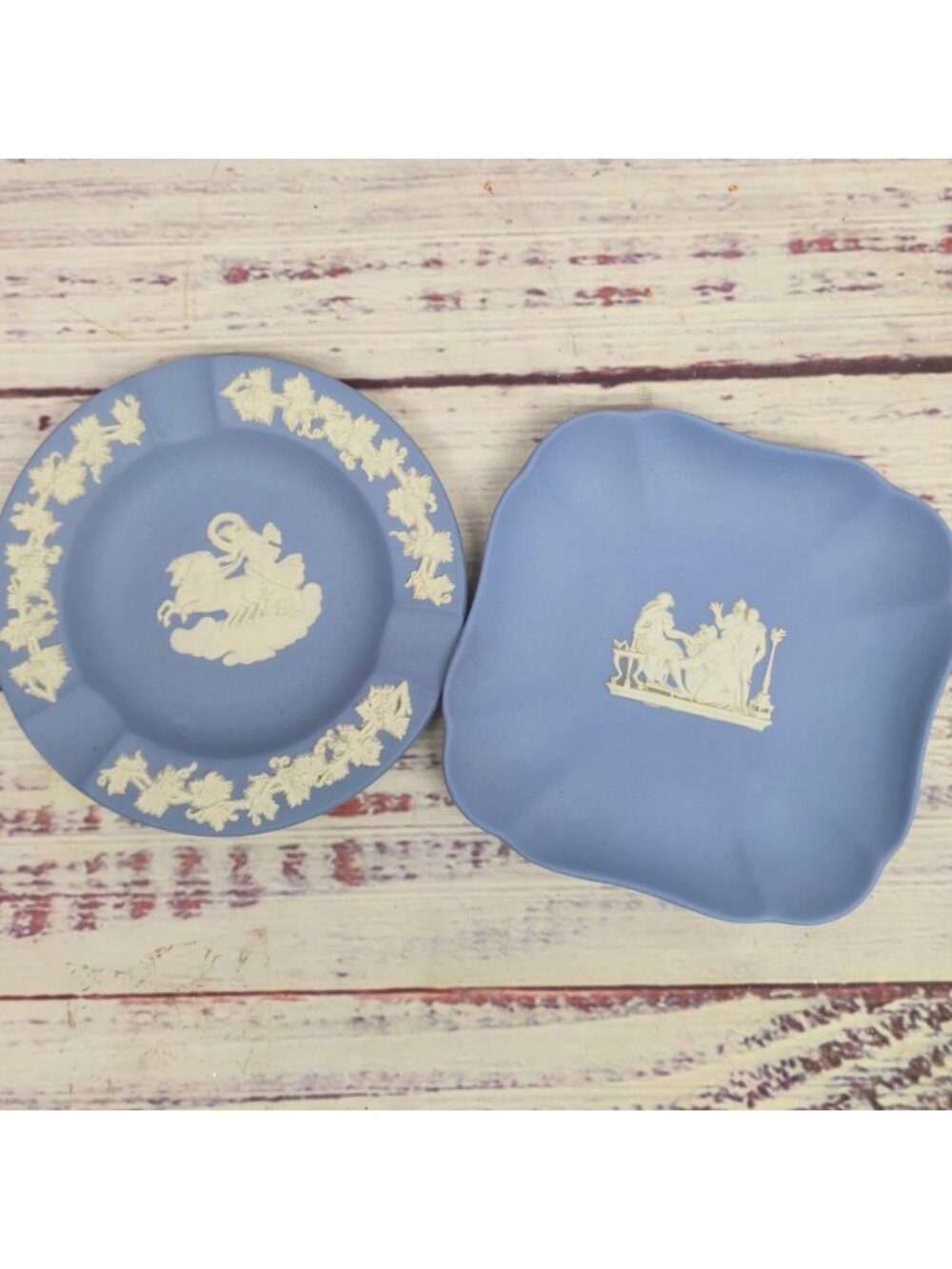 Vintage Wedgwood Blue Jasperware Set Pegasus Ashtray & Trinket Tray Pair England
